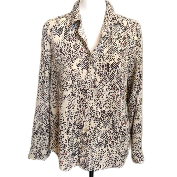 Velvet Heart rayon snakeskin print button up blouse, long sleeves, cream/black L - Picture 1 of 7